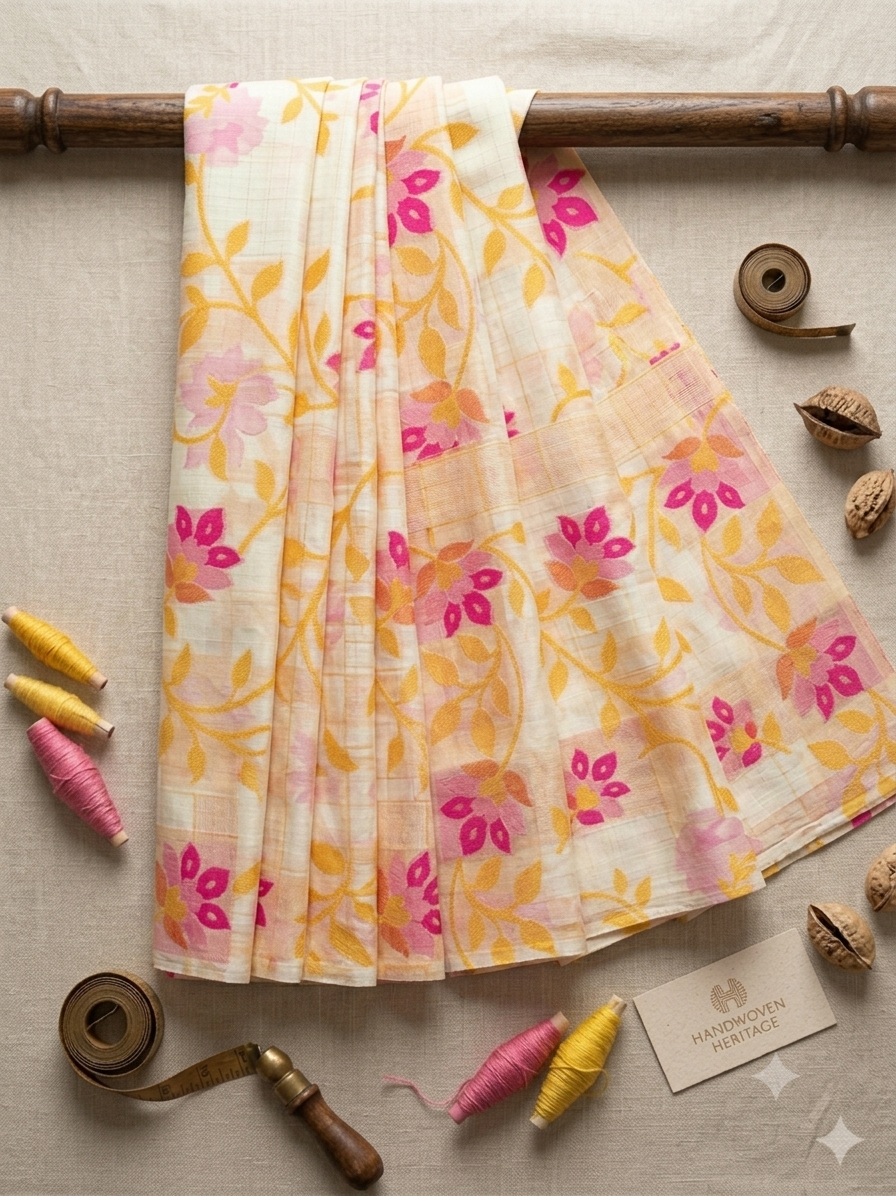 Yellow Pink Muslin Floral Saree