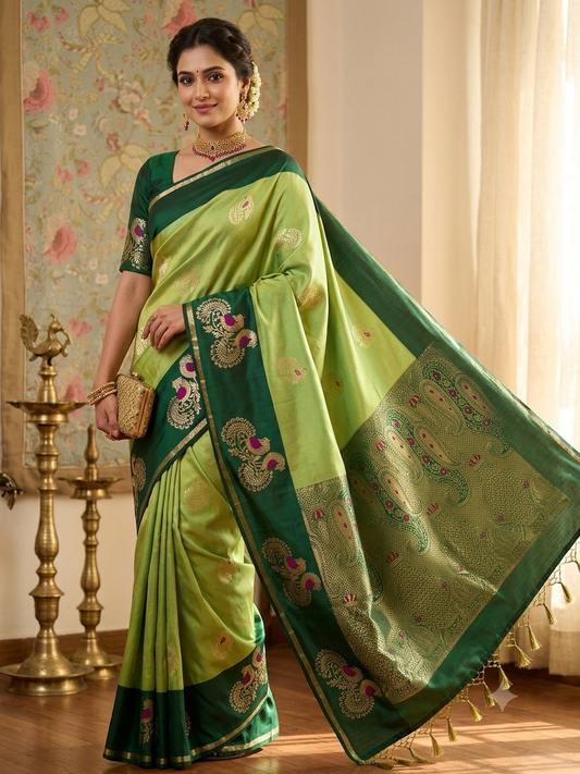 Parrot Green Semi Paithani Silk