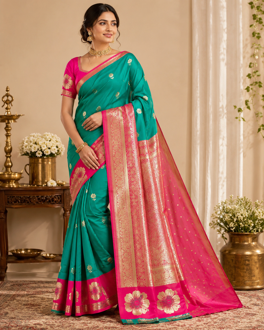 Green Pink Semi Katan Silk