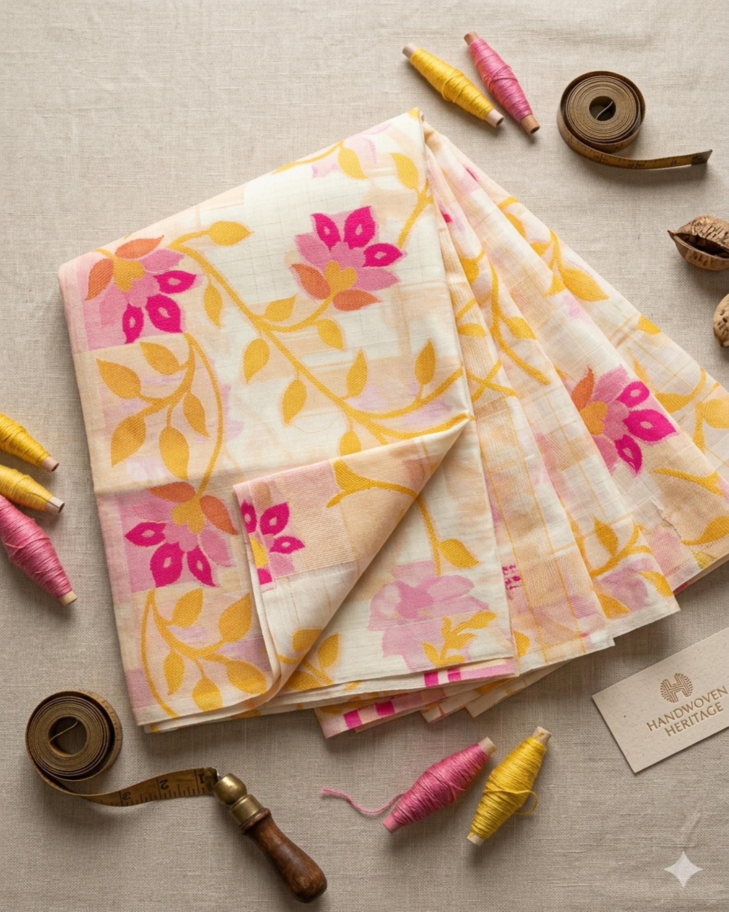 Yellow Pink Muslin Floral Saree