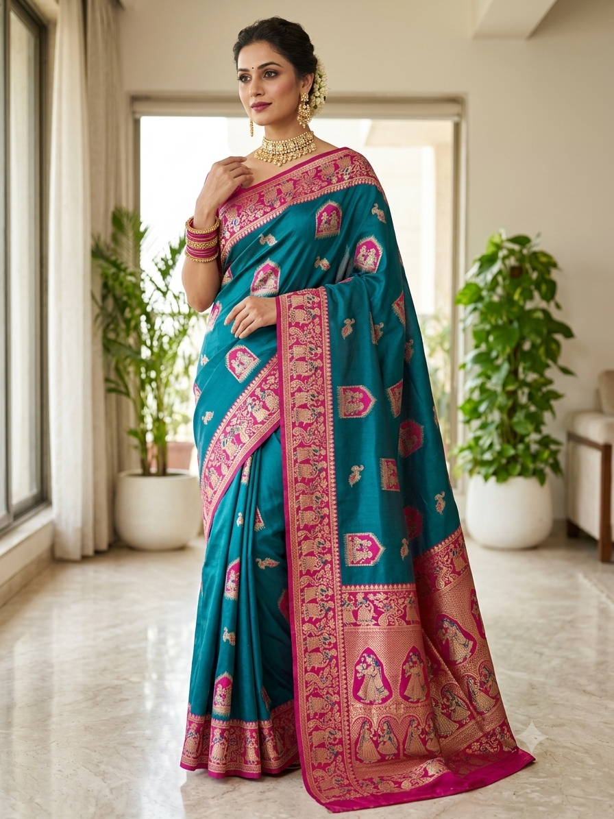Teal Pink Mashru Katan Silk
