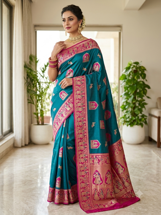 Teal Pink Mashru Katan Silk