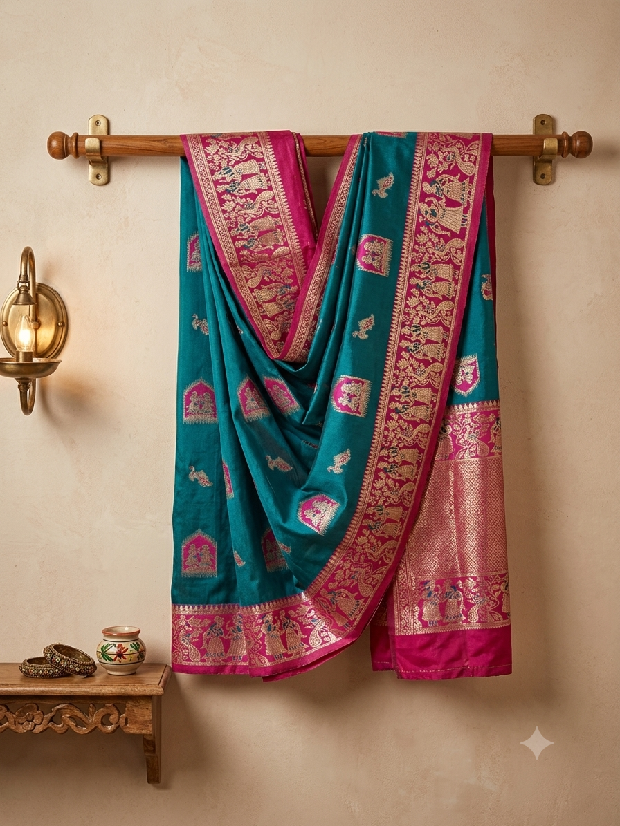 Teal Pink Mashru Katan Silk