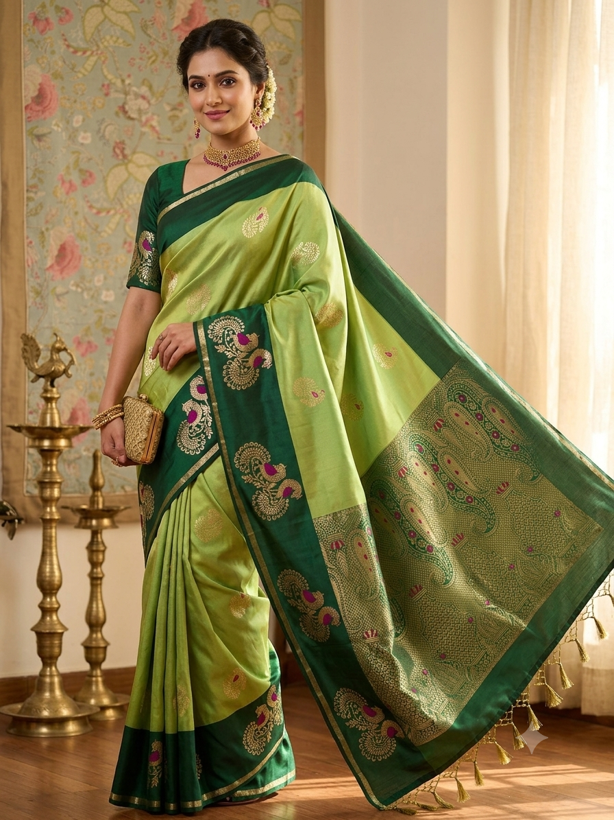 Parrot Green Semi Paithani Silk