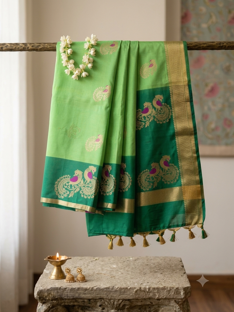 Parrot Green Semi Paithani Silk