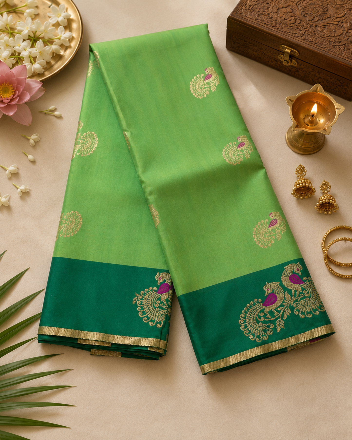 Parrot Green Semi Paithani Silk