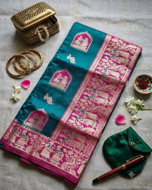 Teal Pink Mashru Katan Silk